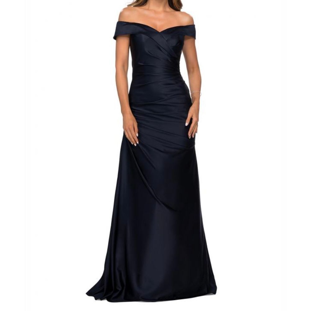 La Femme Navy Satin  Off Shoulder Gown Sz 14 NWT‎ Style 28103 Pleated Detail